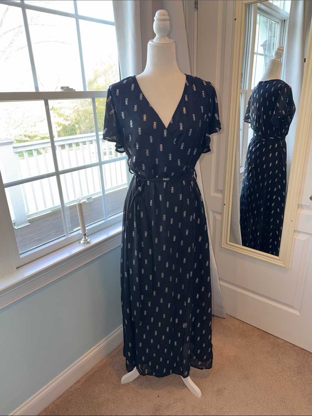 V-Neck Navy Maxi Dress with Tie Waist